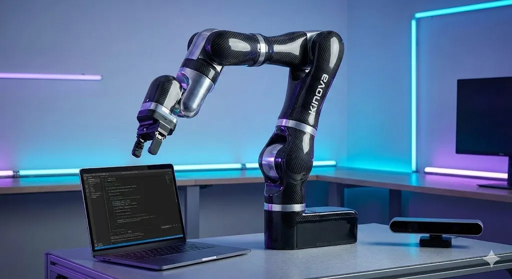A Kinova Gen3 robot arm on a lab bench