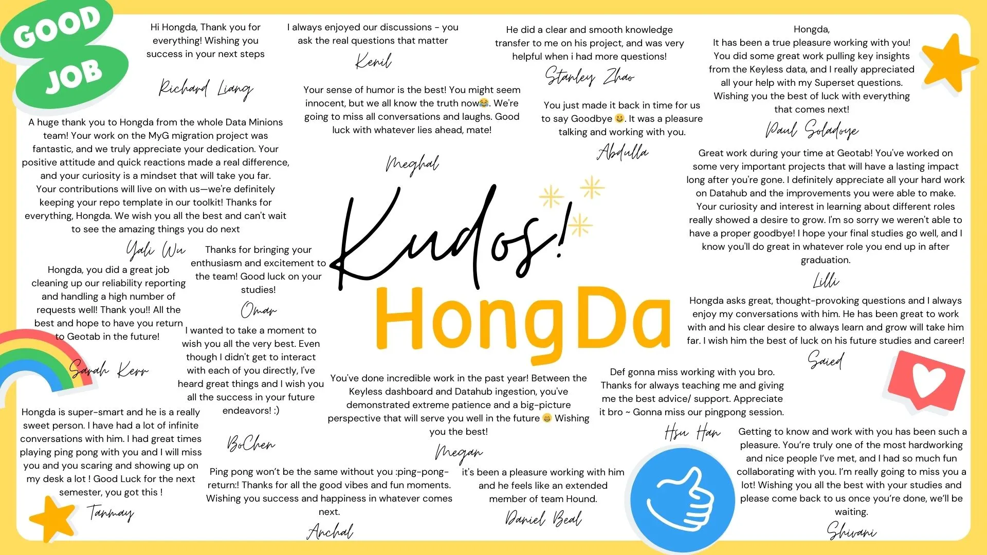 A kudos card covered in handwritten notes from colleagues