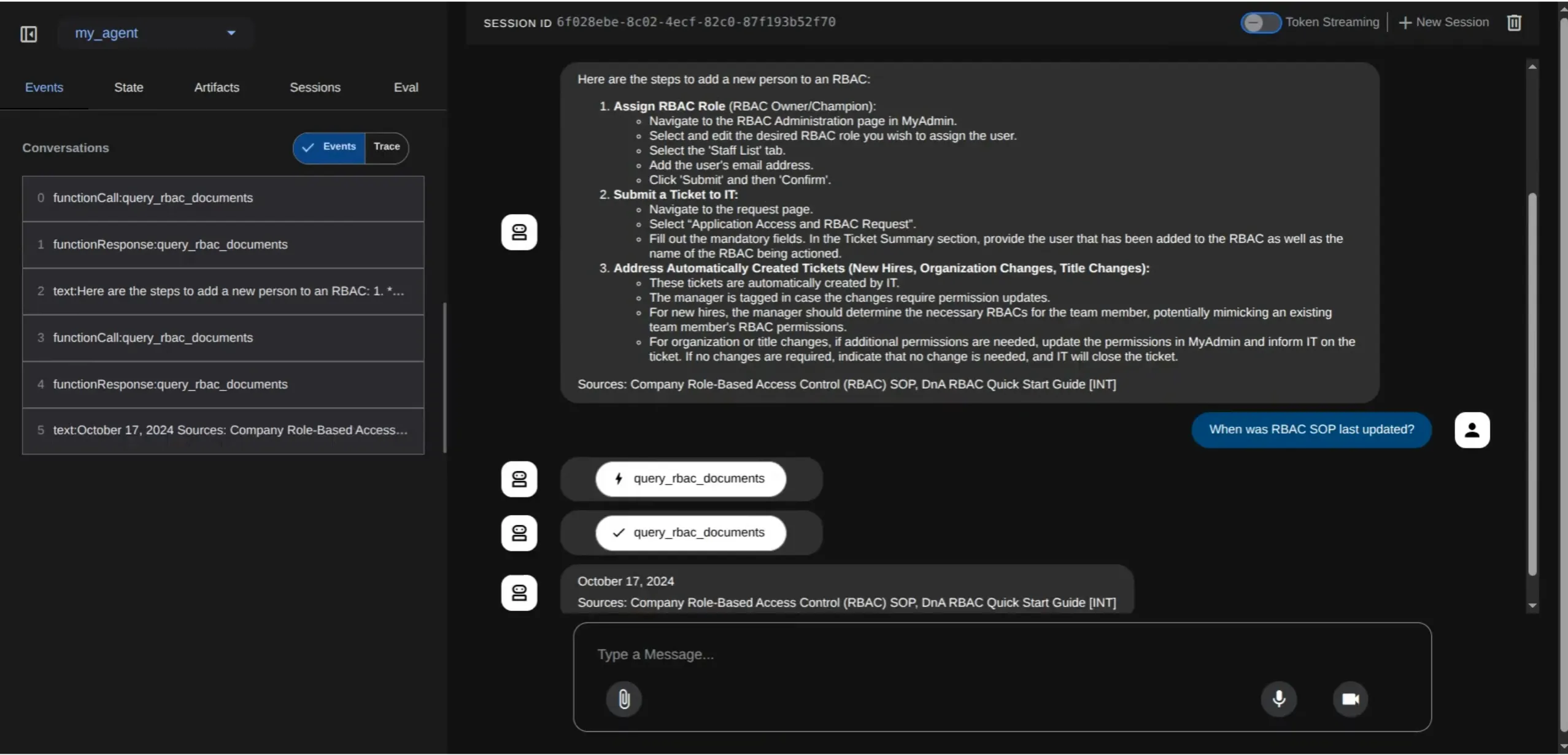 The RBAC agent answering a question about dataset access in a chat window