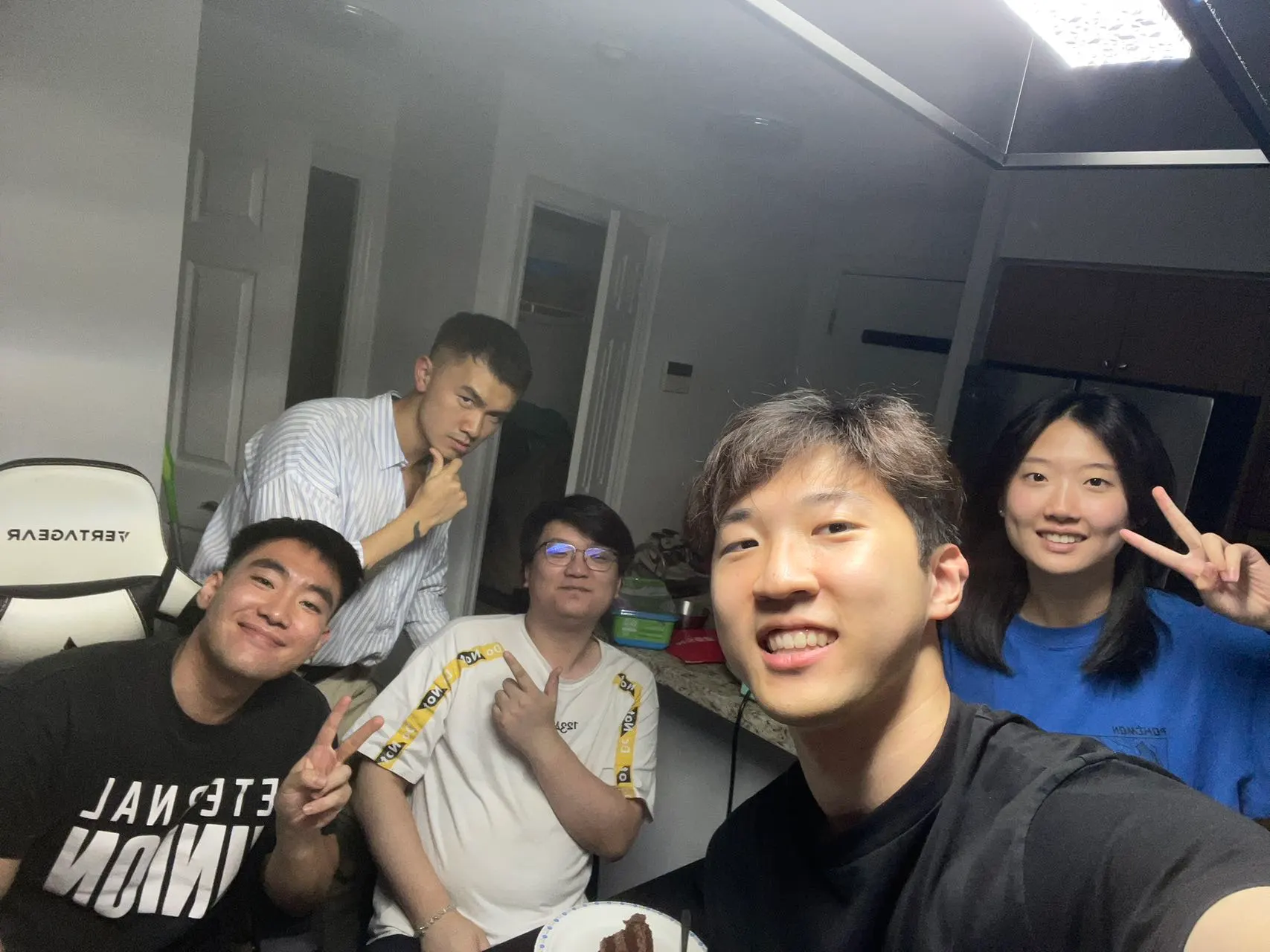 Friends crowding into a selfie